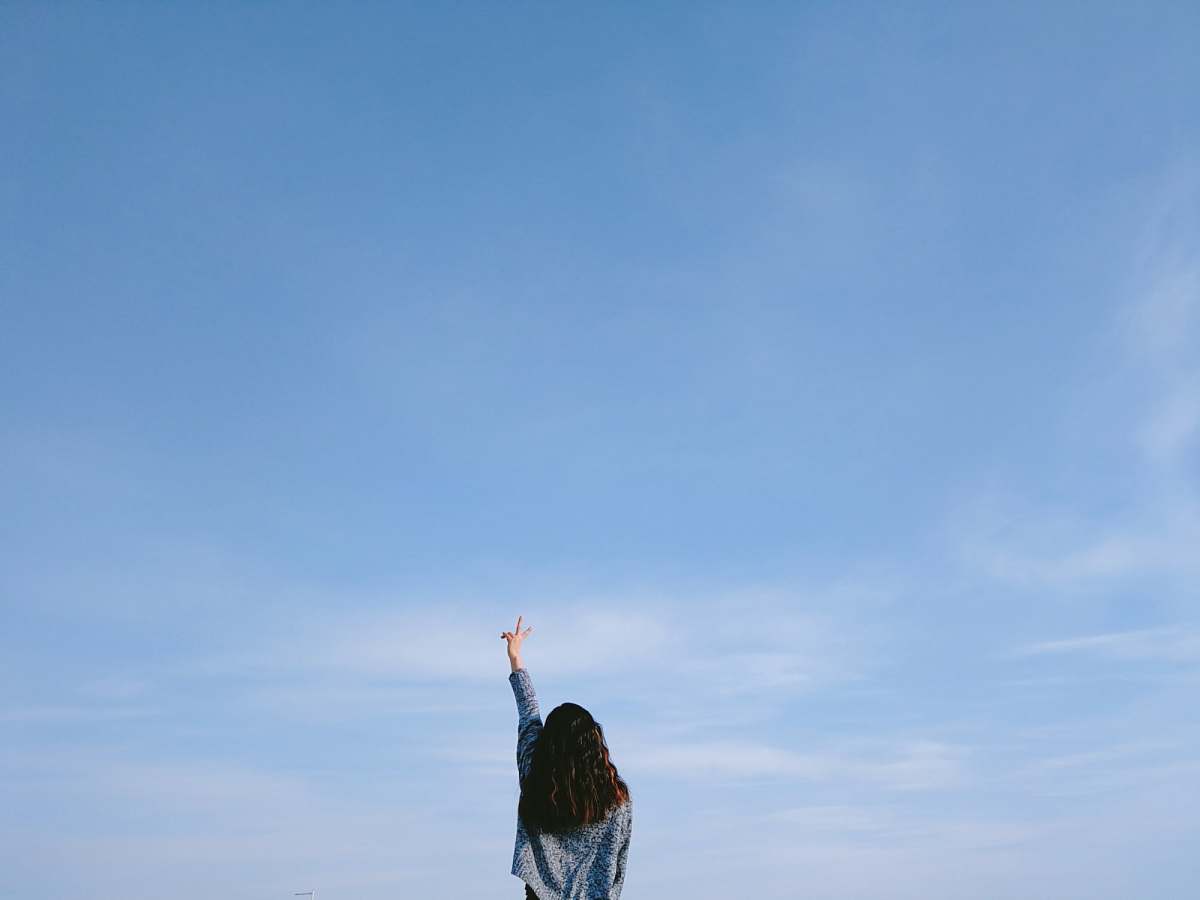 crane bird woman in gray top performing peace sign under blue sky heron